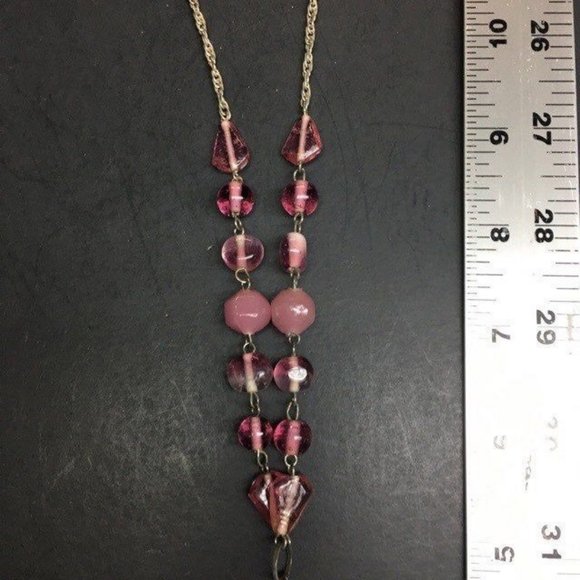 Glass Y Drop Necklace Pink Pendant Iridescent Silver Chain Dangles Twisted Rope - Picture 8 of 9